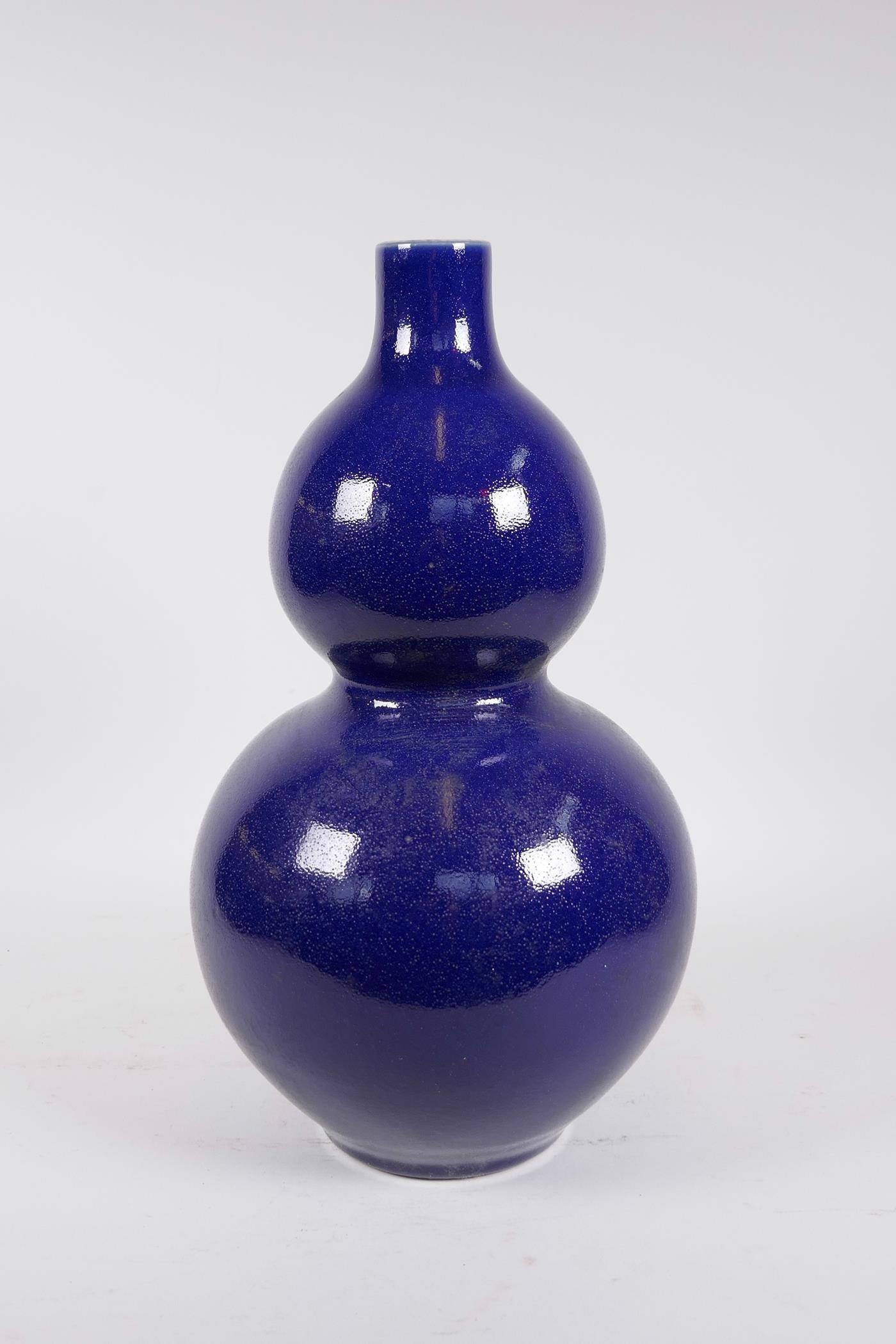 A Chinese powder blue glazed porcelain double gourd vase, 6 character mark to base, 14½" high - Image 2 of 4