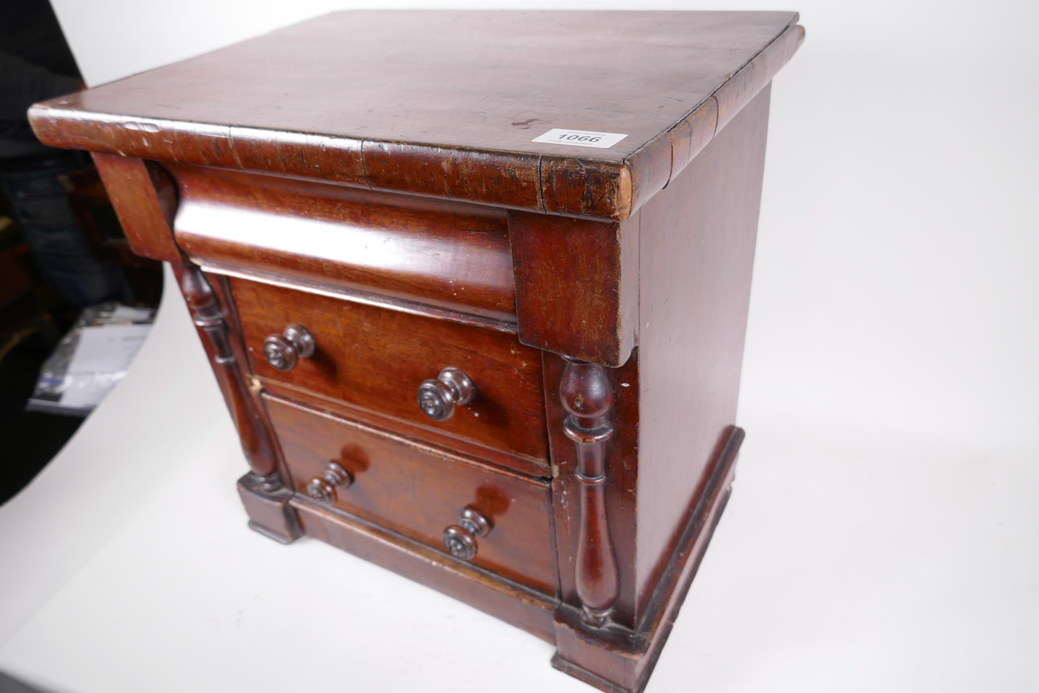 An apprentice piece mahogany scotch chest of three drawers, with turned knobs on side columns, 17" - Image 4 of 4