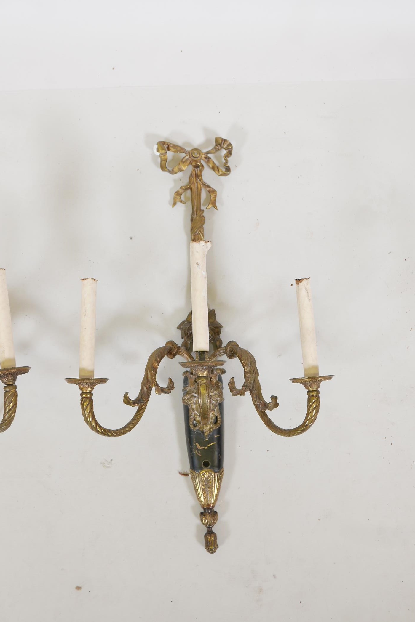 A pair of brass three branch wall sconces, with floral and scroll decoration, 27" high - Image 2 of 4