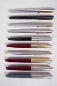 A collection of assorted Parker fountain pens to inlcude three Parker 51's, two 65's, two 180's, a