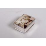 A 925 silver pill box decorated with a pictorial enamel plaque depicting a late C19th woman, 1"