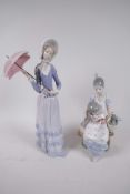 Two Lladro figurines, 'Girl with Parasol' 13" high, and girl and child seated on a bench with basket