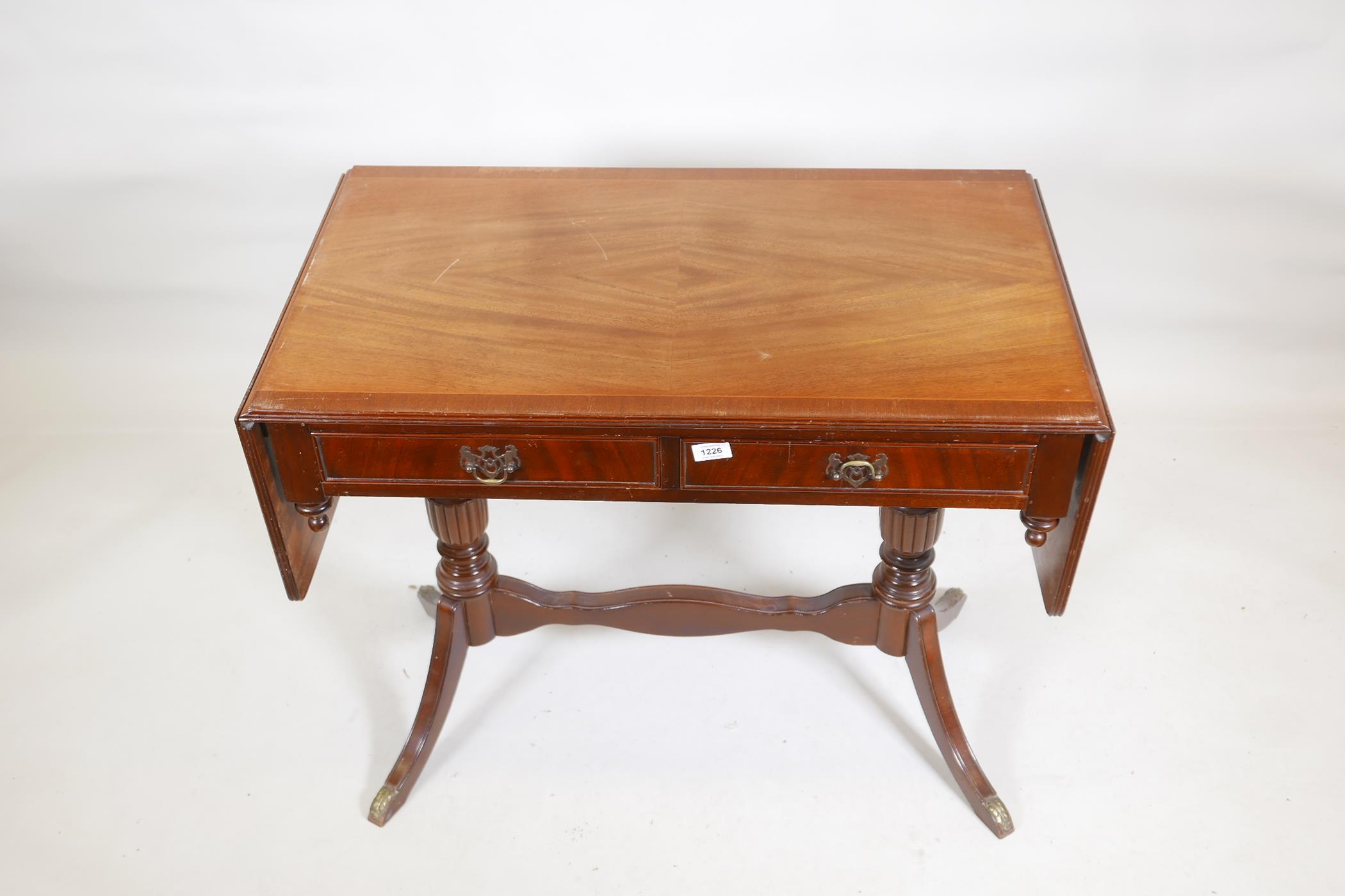 A mahogany veneered two drawer sofa table, with pierced plate handles, 36" x 20" x 29" - Image 2 of 4