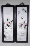 A pair of Chinese Republic polychrome porcelain panels depicting birds amongst lotus flowers, in
