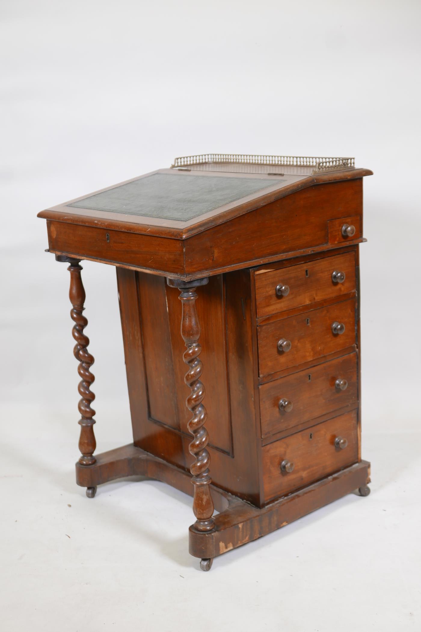 A Victorian rosewood davenport, with pierced brass gallery top, leather inset fall, four true and - Image 2 of 4