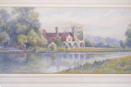Claude H. Rowbotham, pair of watercolours, riverside scenes with buildings, 13" x 5", signed and