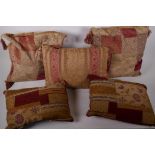 Five patchwork scatter pillows, largest 15" x 15"