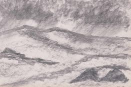 Irish School, landscape with peat stacks and rain clouds, signed 'Lamb', charcoal drawing, 14" x 9½"