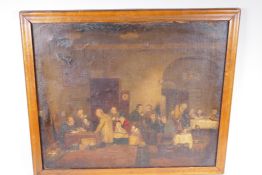 Interior scene with rent collector and other figures, C19th, maplewood framed, oil on canvas, 20"