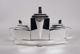 A Christopher Dresser Art Deco style silver plated three piece tea set, 15" wide, 8½" high
