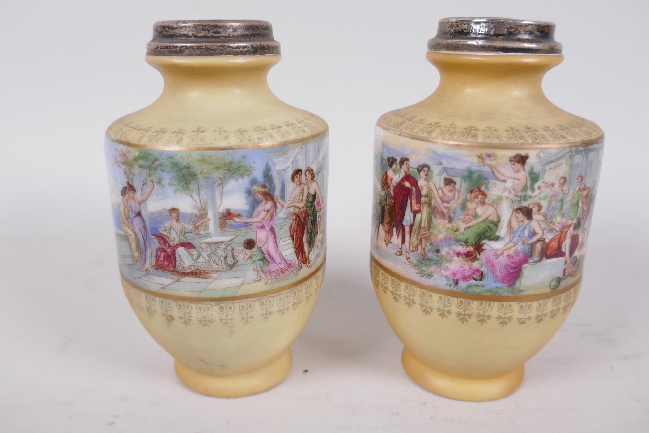 A pair of European pottery specimen vases with hallmarked silver collars, decorated with classical - Image 2 of 3