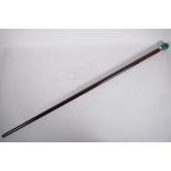 A walking cane with white metal mount and malachite top, 36" long