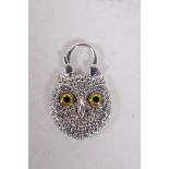 A silver and mother of pearl decorative padlock formed as an owl with beaded eyes, 1¼" x 1"
