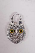 A silver and mother of pearl decorative padlock formed as an owl with beaded eyes, 1¼" x 1"