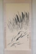 A Chinese monochrome watercolour scroll depicting fish swimming beneath reeds, 26" x 53"