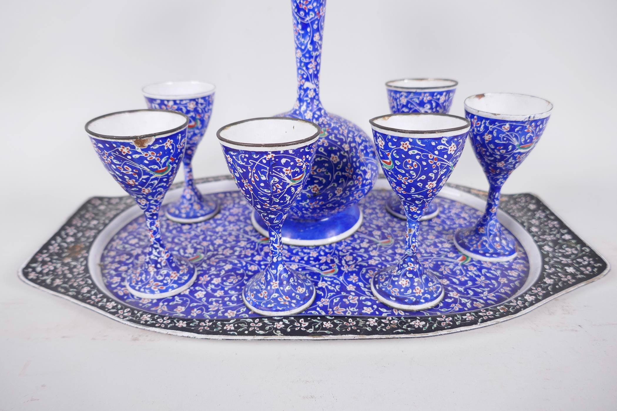 An Indian enamel wine set of carafe and six stem cups on a tray, carafe 7½" high - Image 2 of 4