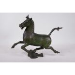 A Chinese Song style patinated bronze figure of a flying horse, 13" x 11" high