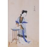 A Chinese watercolour, court lady washing her hands, 6" x 9"