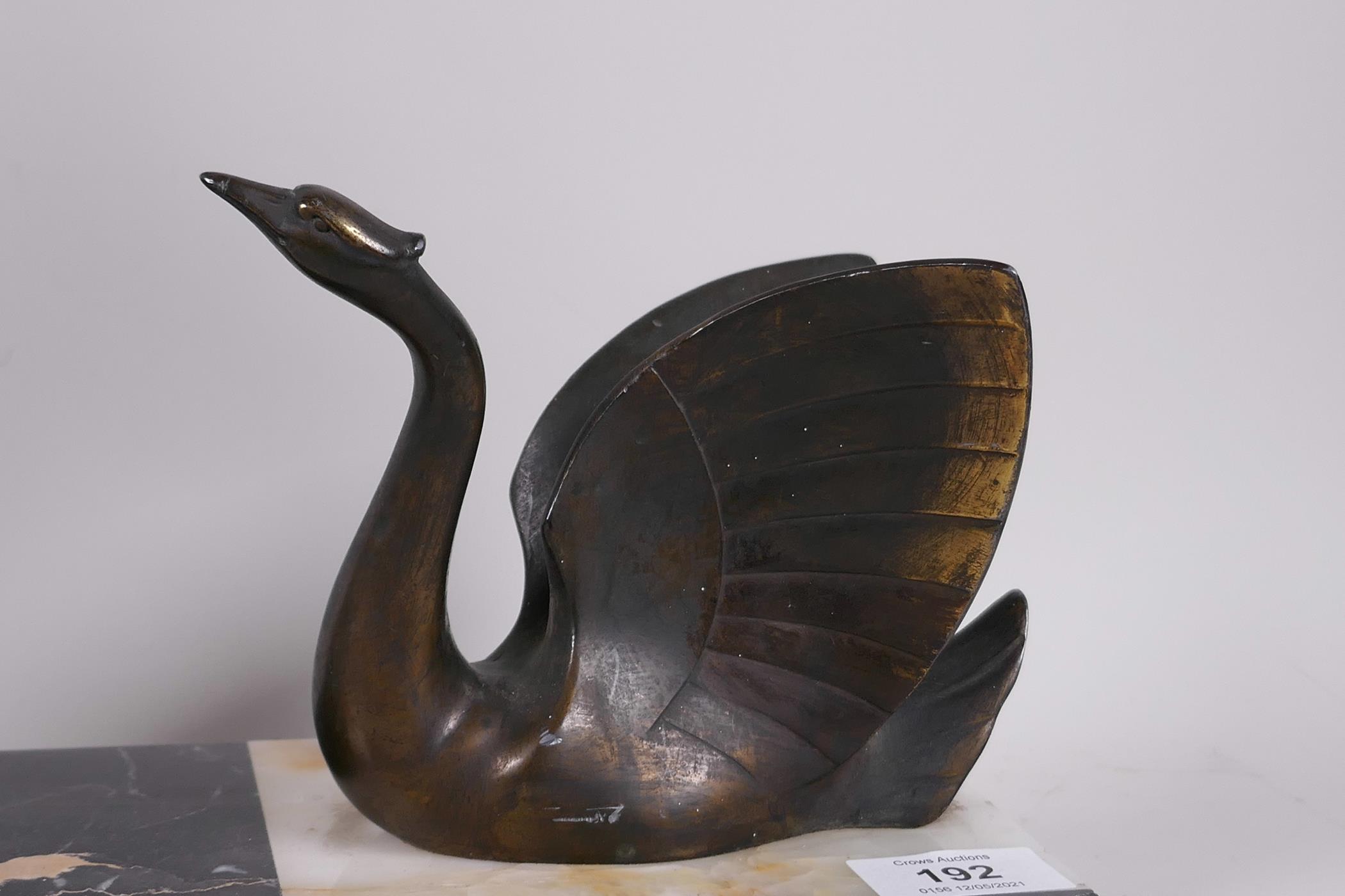 An Art Deco bronzed spelter figure of a young woman and a swan (perhaps referencing Heda), 22" x - Image 3 of 3