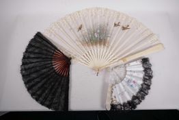A C19th lace fan painted with birds and flowers, A/F, 14" long, together with two smaller lace