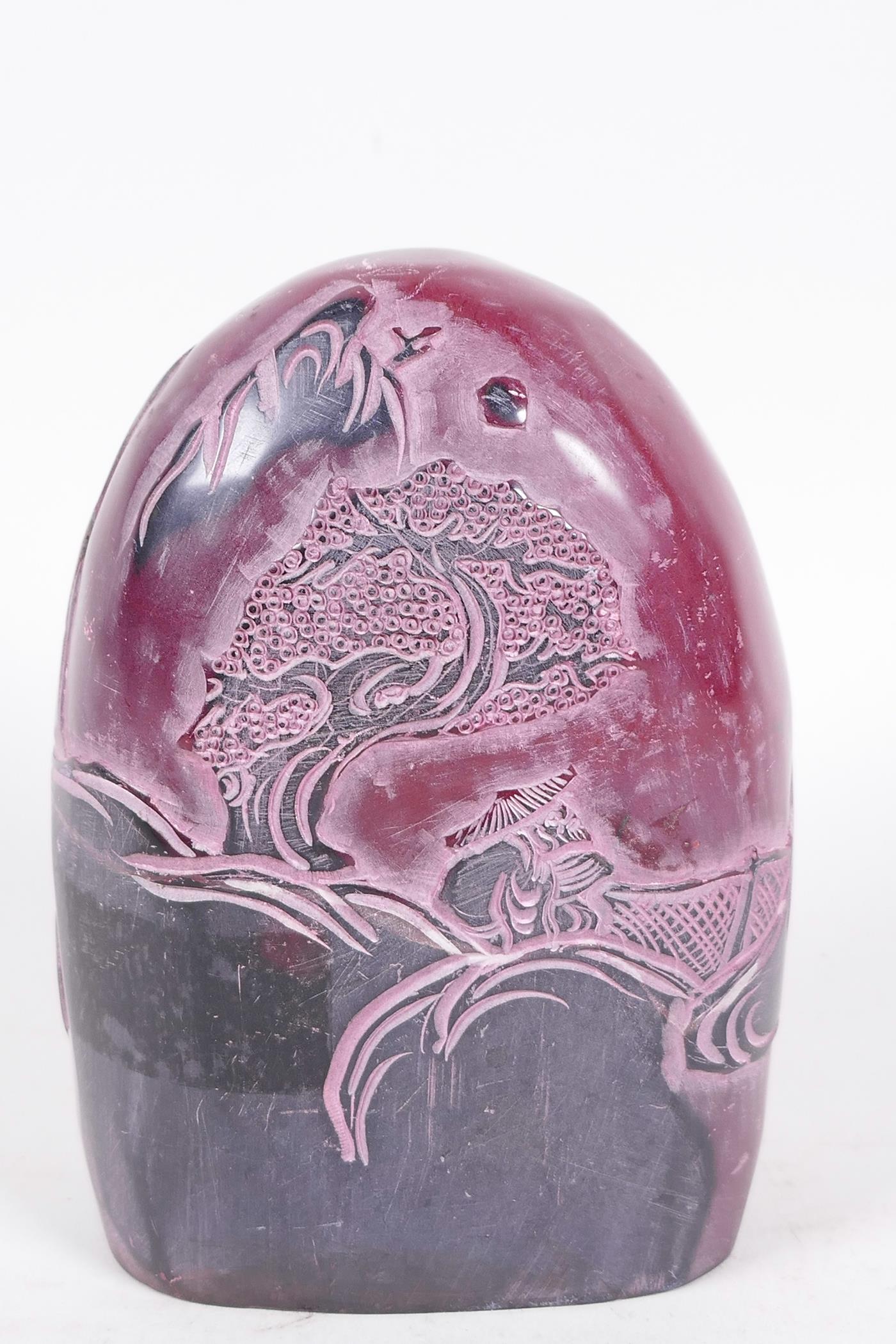 A Chinese soapstone seal decorated with figures in a landscape, 5" high, 3¼" wide - Image 2 of 3