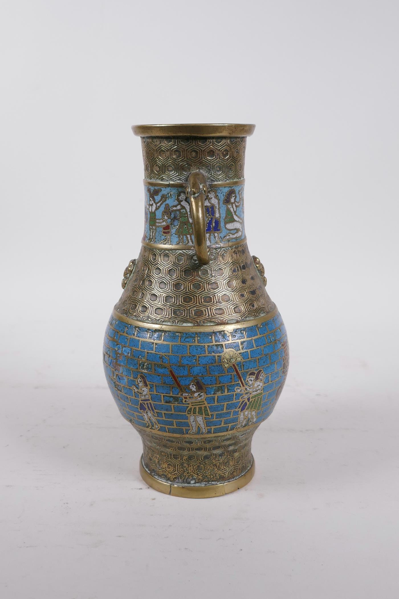 An Eastern bronze cloisonne two handled vase of Chinese form, the cloisonne bands with Egyptian - Image 4 of 6