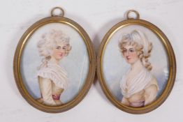 A pair of framed portrait miniatures of C18th French beauties, Madame de Rohan, and Mademoiselle