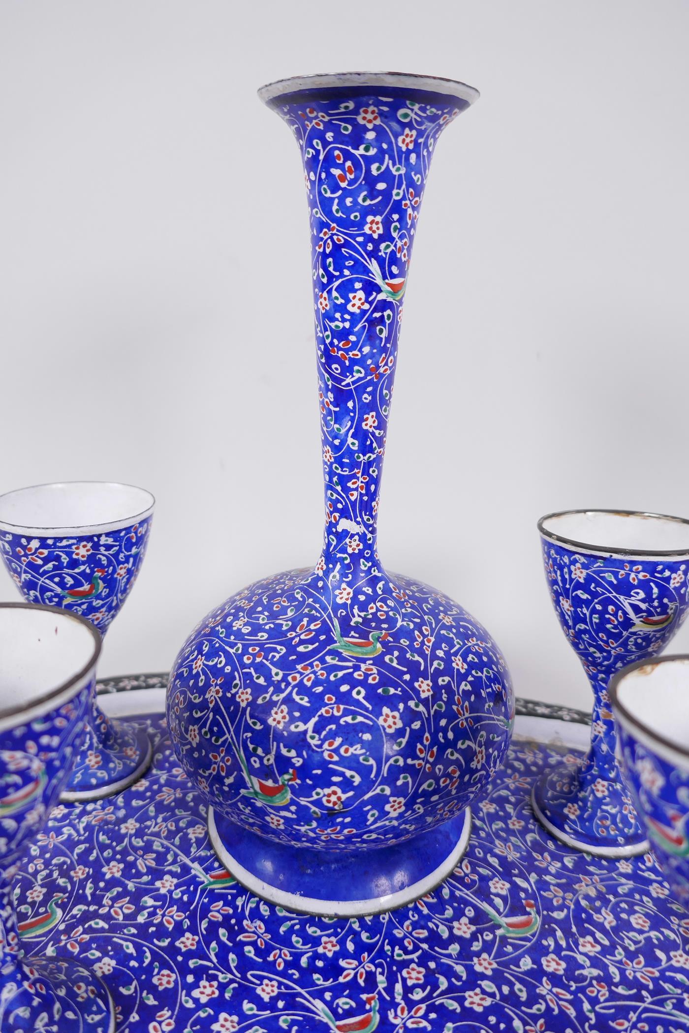 An Indian enamel wine set of carafe and six stem cups on a tray, carafe 7½" high - Image 4 of 4