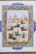 An Indian painting of a polo match in a good micro mosaic frame, 15" x 17½" overall