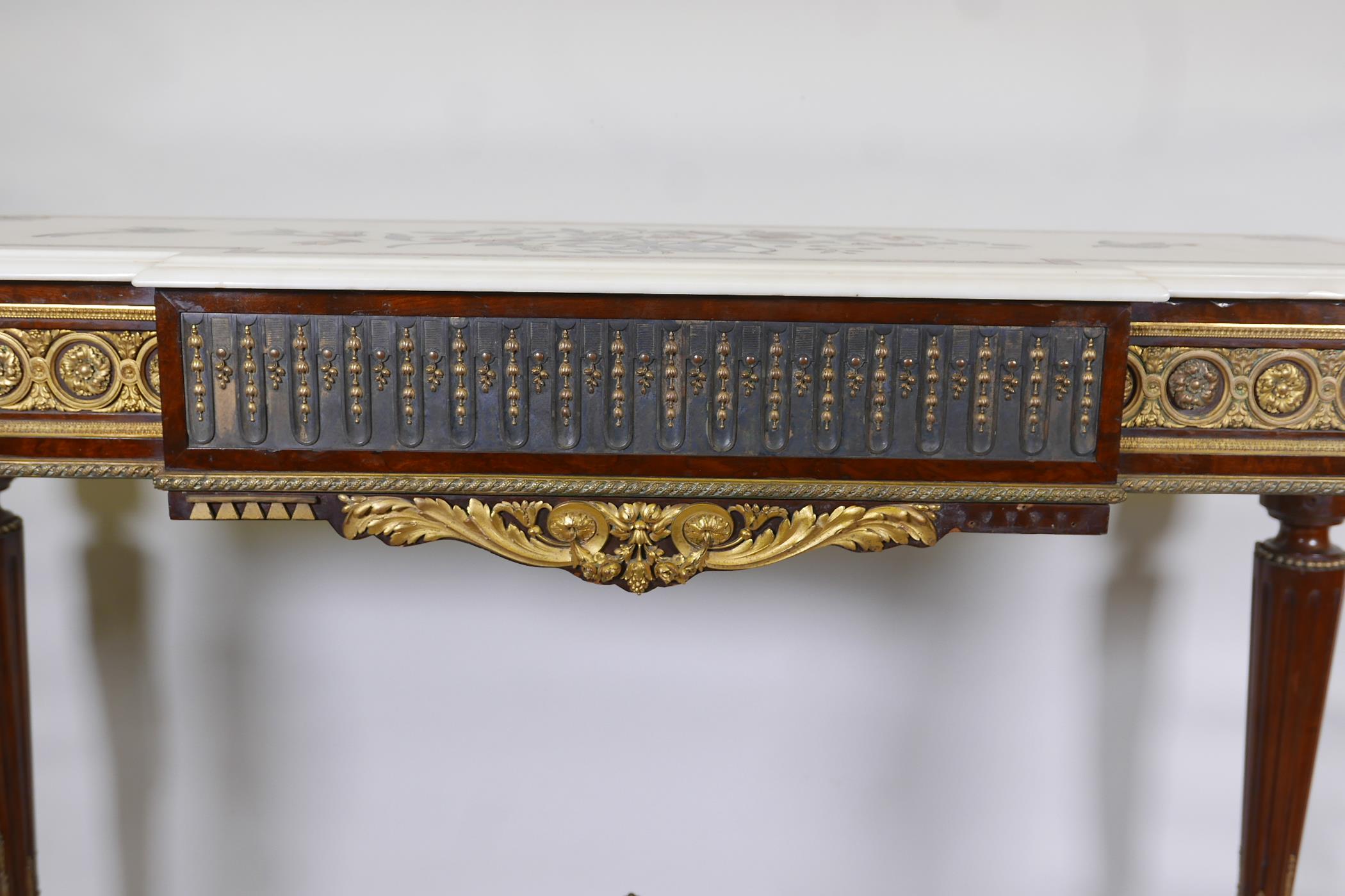 A neo-classical style breakfront mahogany and brass mounted console table, with inset frieze panels, - Image 2 of 9