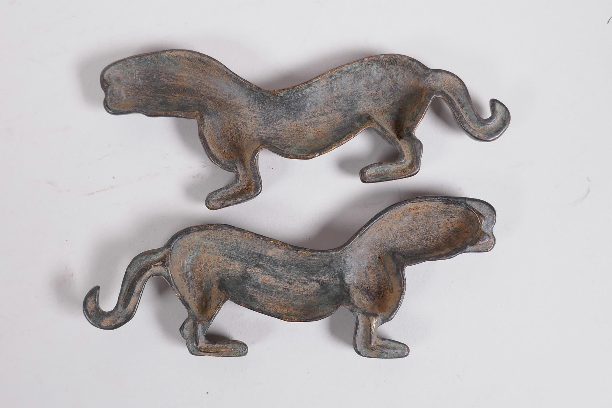 A pair of Chinese bronze scroll weights in the form of kylin, character inscription to bodies, 5" - Image 2 of 2