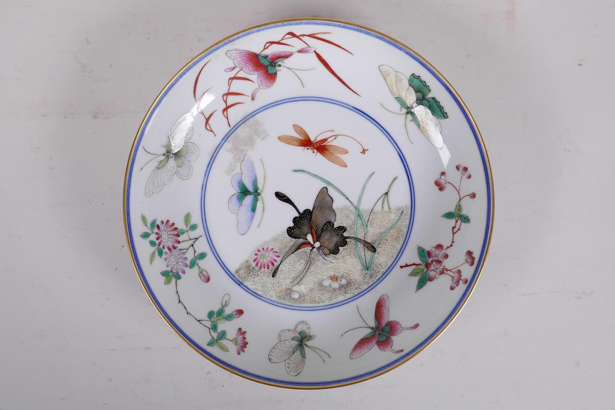 A Chinese polychrome porcelain cabinet dish decorated with butterflies, 6 character mark to base,