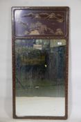 A lacquered Trumeau style wall mirror with chinoiserie decoration, 24" x 48"