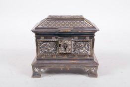 A C19th silver plated brass trinket box, with Gothic style repousse decoration of crested birds