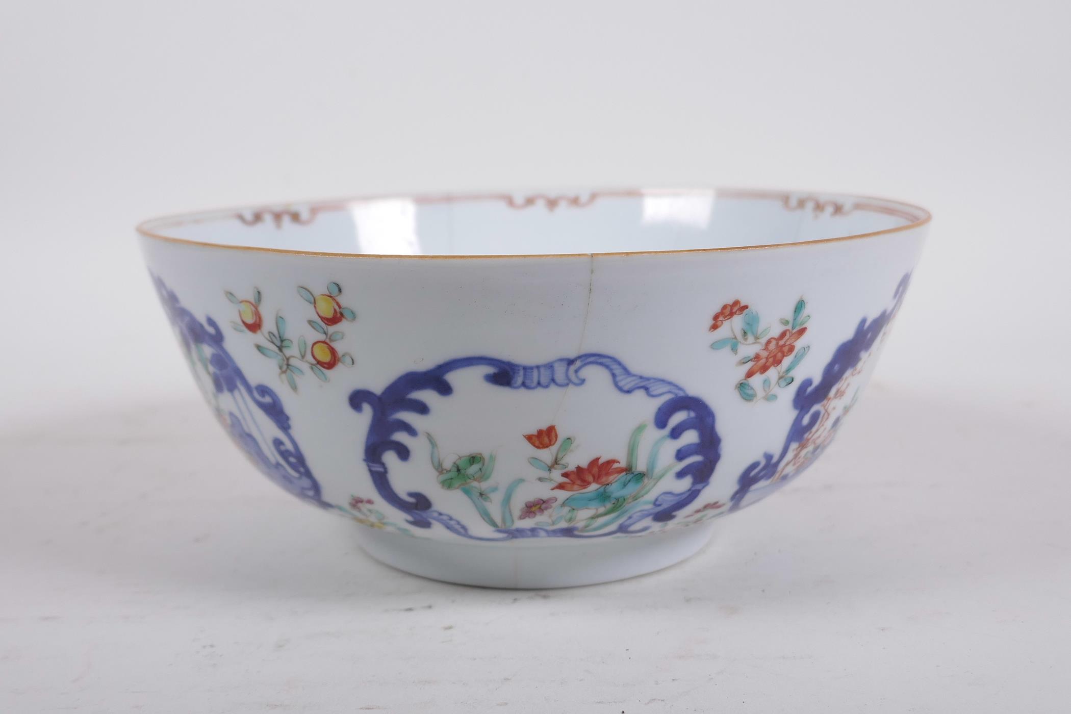 A C18th Chinese polychrome porcelain bowl decorated with figures in a landscape and flowers, 7½" - Image 2 of 8