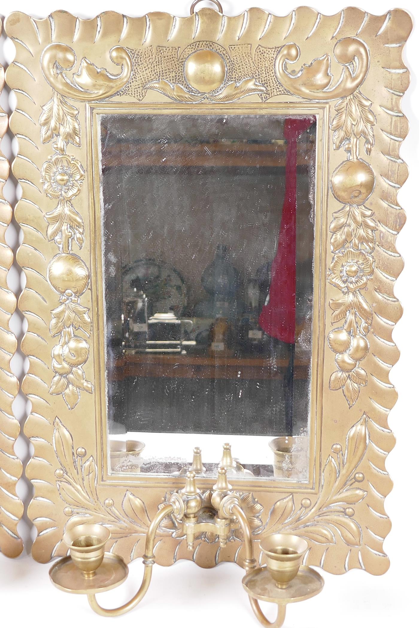 A pair of C19th pressed brass framed pier glass wall mirrors with twin candle sconces, the frames - Image 6 of 7