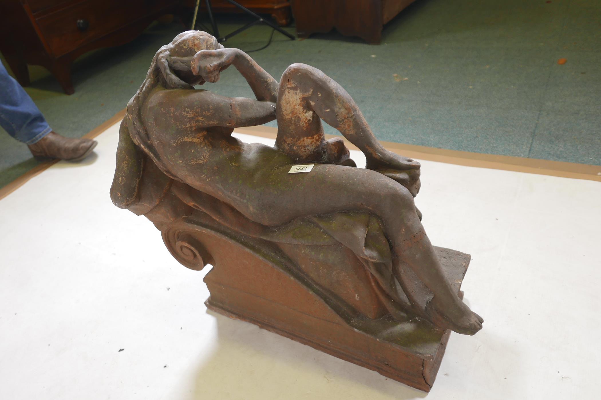 An early C19th hollow cast iron architectural feature in the form of a classical nude, remnants of - Image 5 of 5