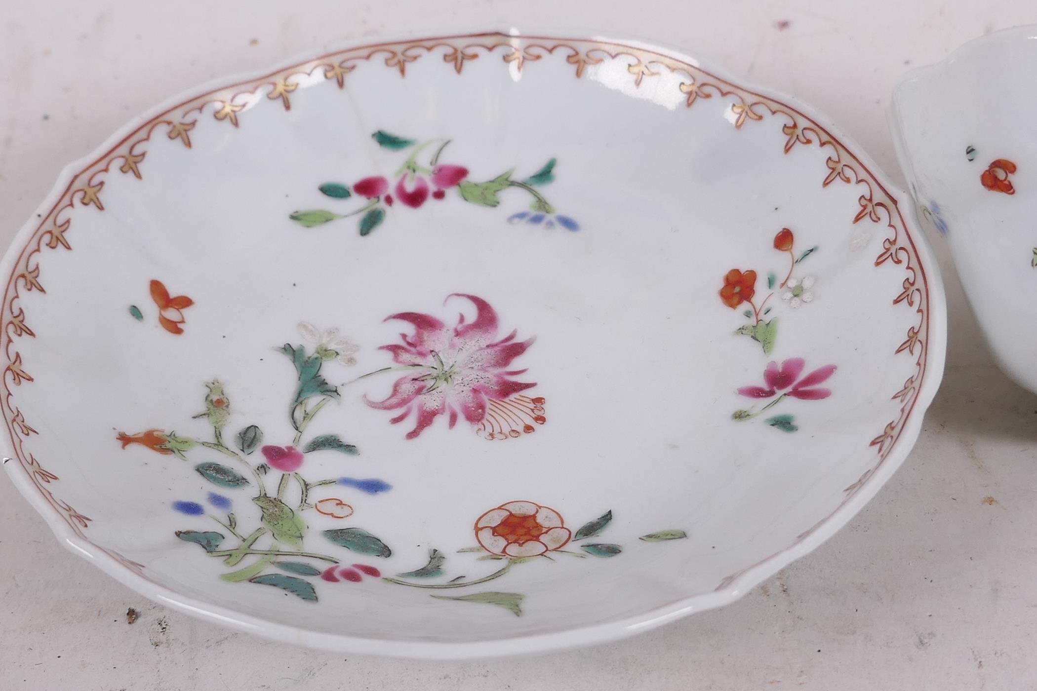 A Chinese export Yongzheng period famille rose tea bowl and saucer, delicately enamelled floral - Image 2 of 4