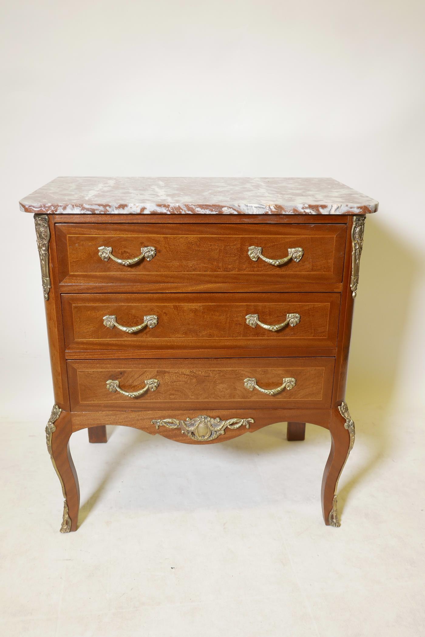 A marble topped mahogany three drawer commode with boxwood lining and inset burr walnut panels, with - Image 2 of 3