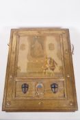 A gilt oak book box with carved heraldic decoration and inset decorative print depicting regency