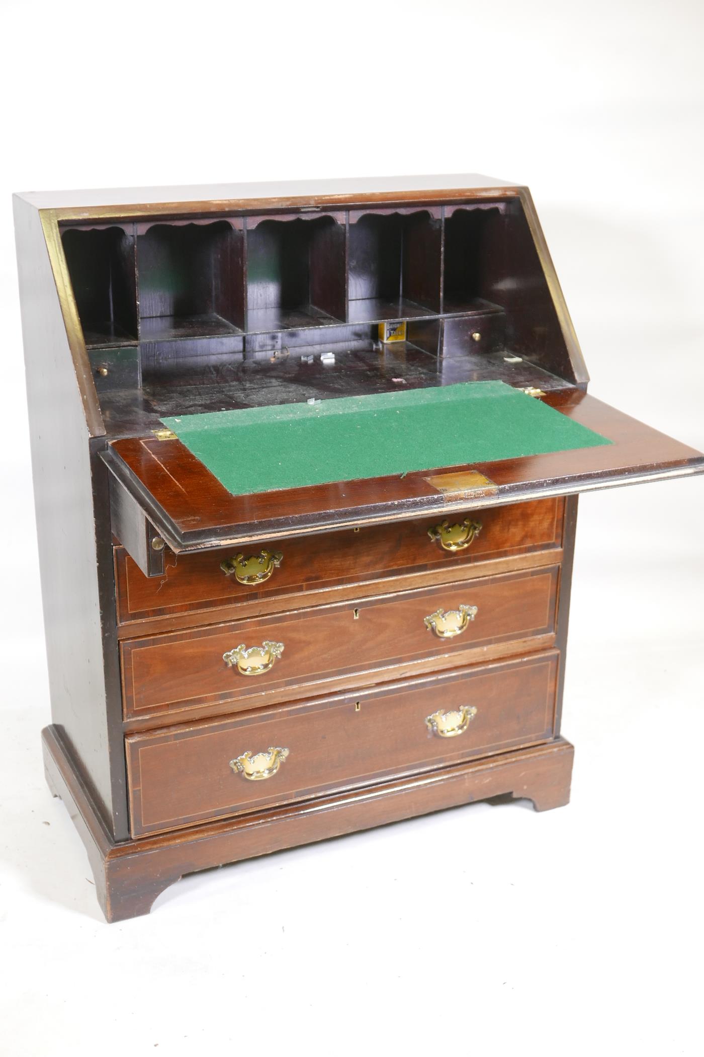 A figured mahogany fall front bureau, with boxwood stringing fitted interior and brass plate - Image 2 of 2