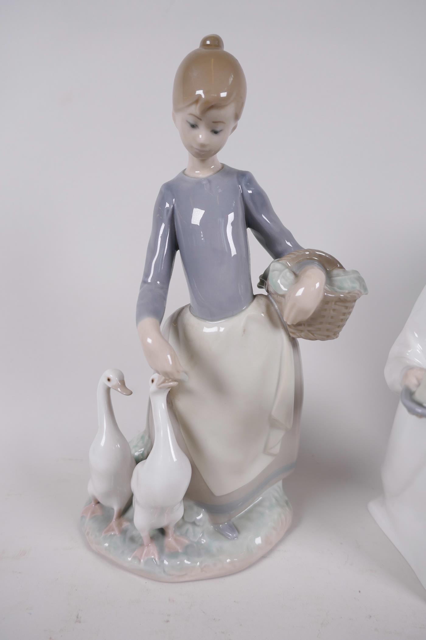 Three Lladro figurines, 'Girl with Geese', 'Sailor Boy' and 'Two Children at Bedtime', tallest 10" - Image 2 of 4