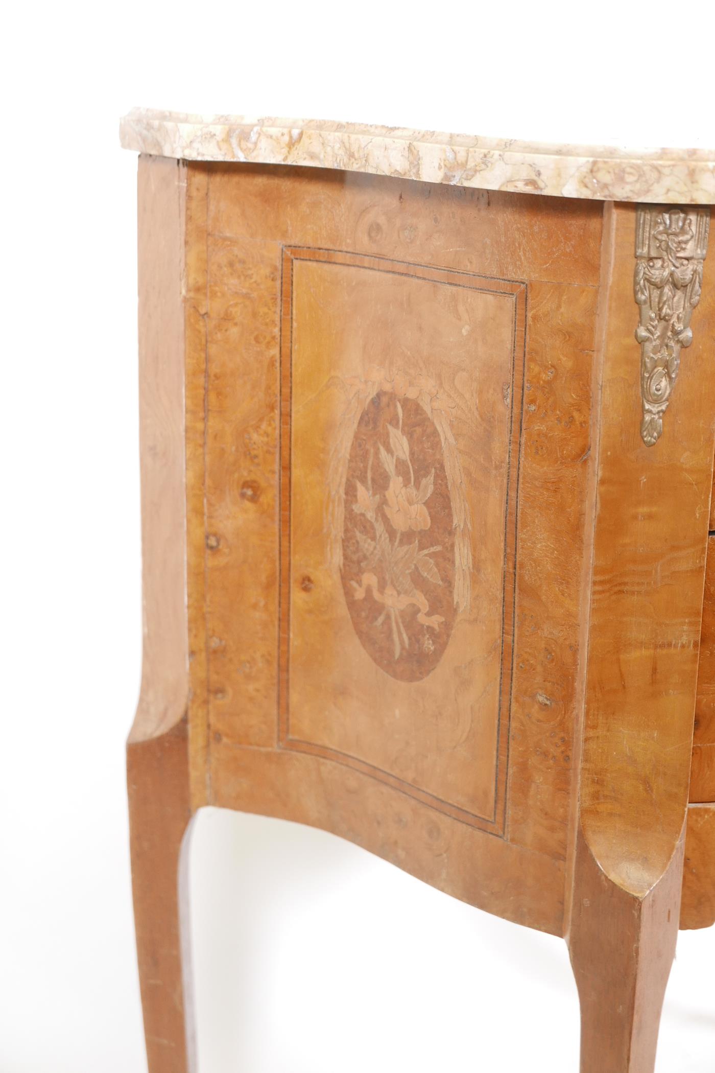 An inlaid burr walnut and elm two drawer bowfronted commode, with marble top and metal mounts, - Image 4 of 4