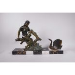 An Art Deco bronzed spelter figure of a young woman and a swan (perhaps referencing Heda), 22" x