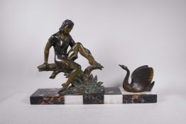 An Art Deco bronzed spelter figure of a young woman and a swan (perhaps referencing Heda), 22" x