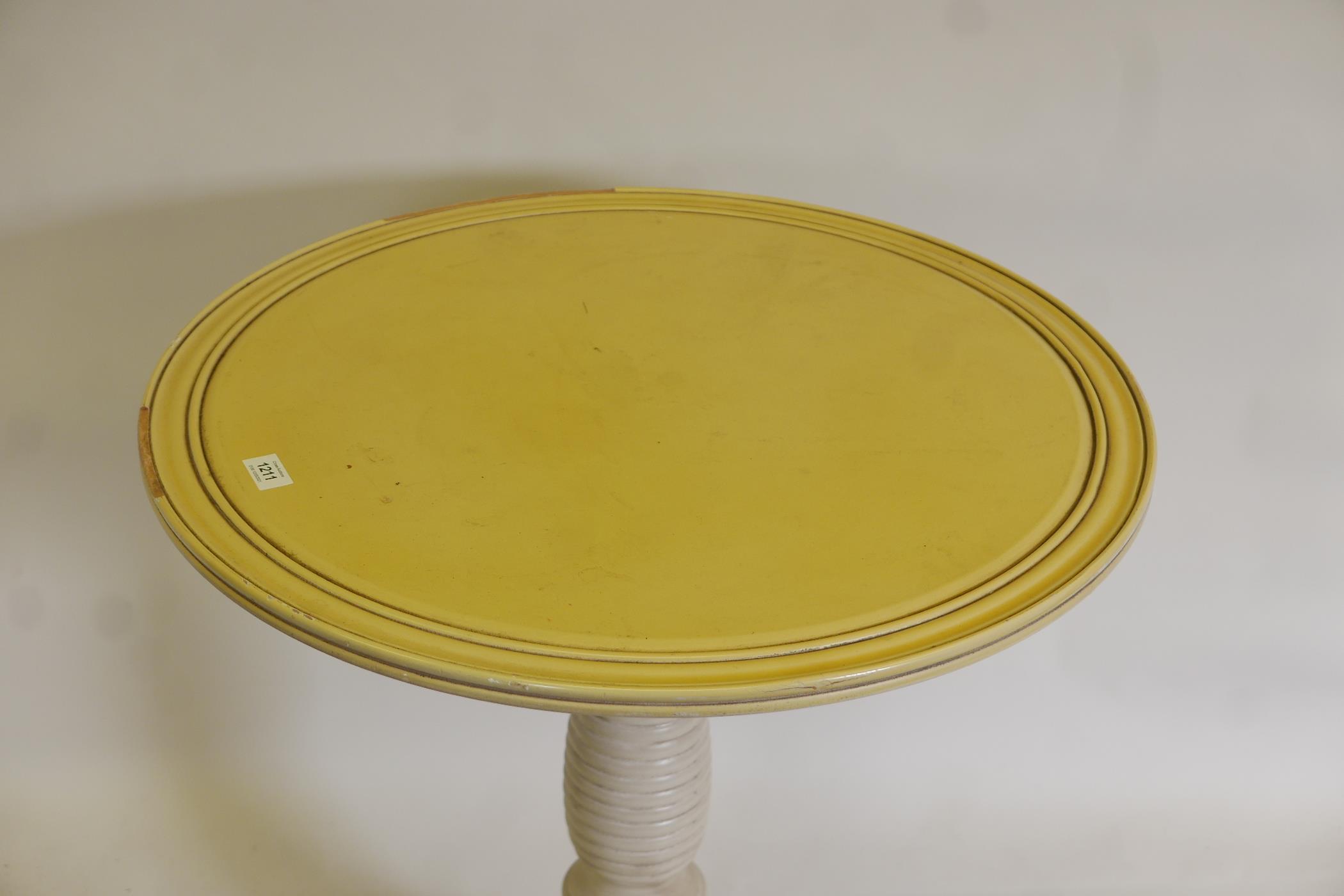 A painted centre table, raised on a ring turned 'beehive' column and tripod supports, 25" x 29" - Image 2 of 2