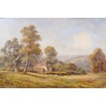 Sidney Yates Johnson, rural landscape with sheep and cottages, signed, oil on canvas, 11½" x 17½"