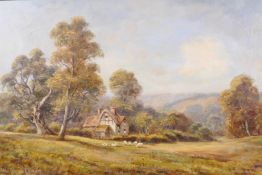 Sidney Yates Johnson, rural landscape with sheep and cottages, signed, oil on canvas, 11½" x 17½"