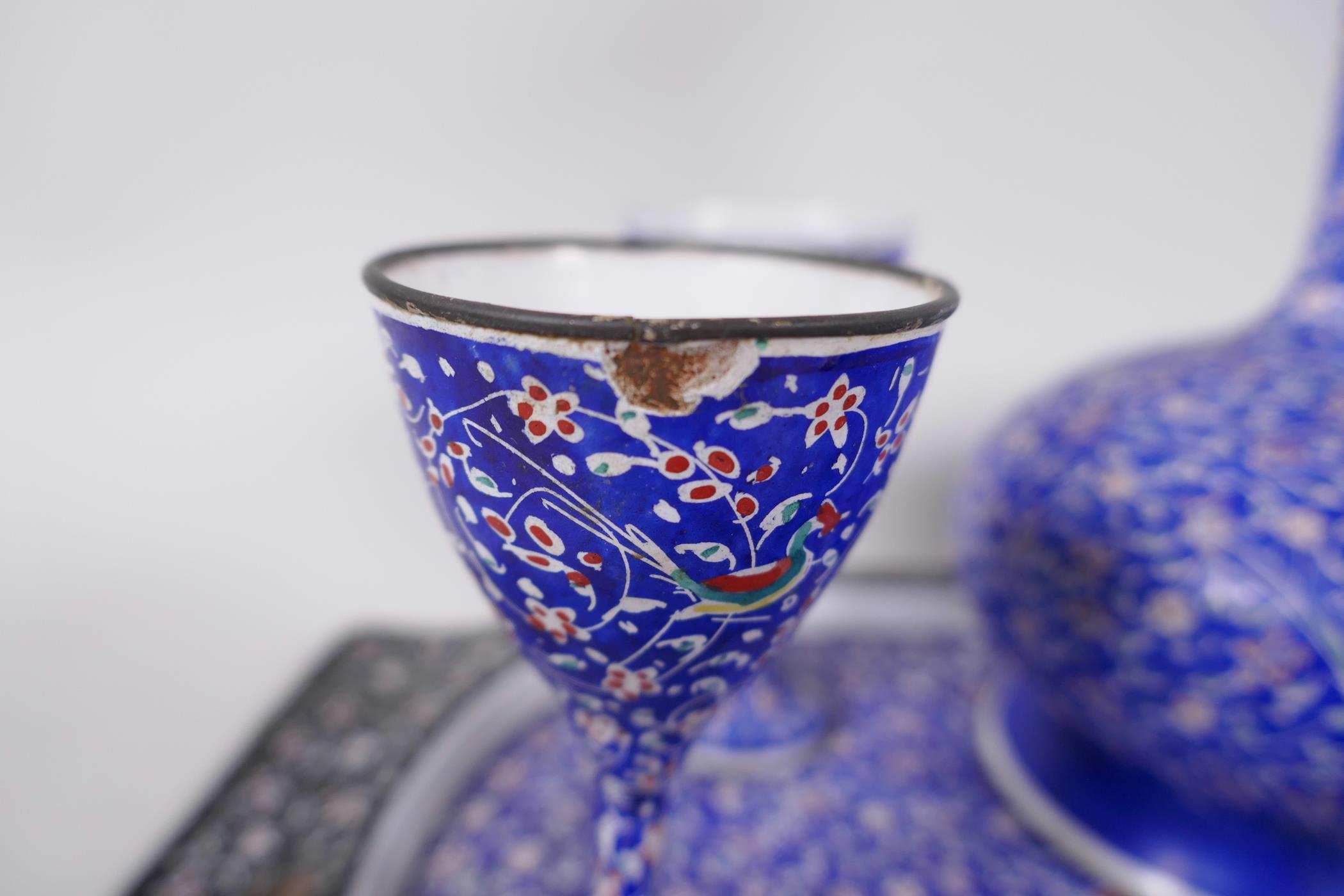 An Indian enamel wine set of carafe and six stem cups on a tray, carafe 7½" high - Image 3 of 4