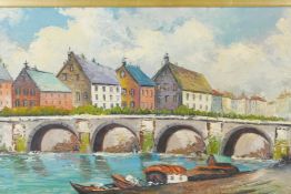 Continental waterway with bridge, signed, mid C20th, oil on board, signed E. Cole, 60" x 18"